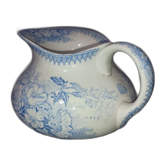 Jardinière: Antique Ironstone French Pitcher -Transferware colors Blue Flowers. - Picture 3 of 6